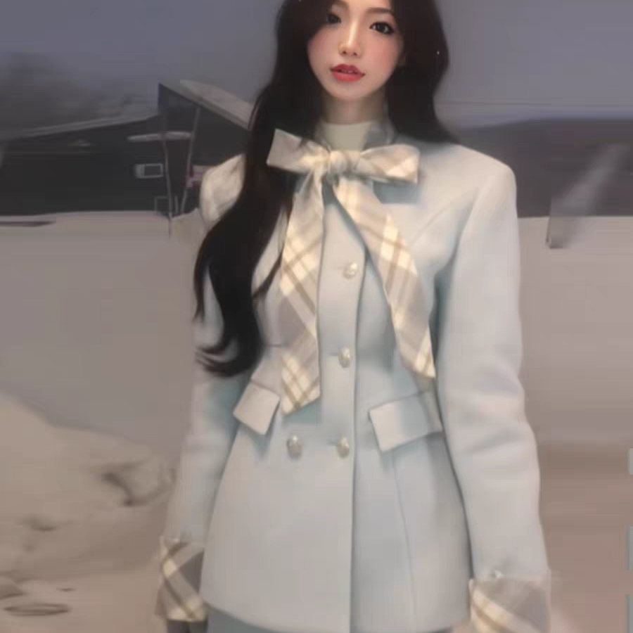 千金风气质套装冬季蓝色小香风格纹毛呢西装外套包臀半身裙两件套