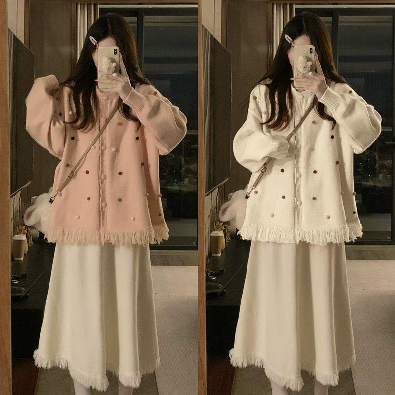 实拍大码秋冬气质宽松流苏毛衣外套+显瘦高腰针织半身裙两件套装,女装/女士精品,大码套装,淘宝优惠券,粉丝福利购,淘宝优惠卷