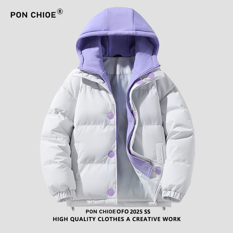 ponchioe冬季新款假两件棉服男宽松加厚保暖潮流情侣连帽棉衣外套