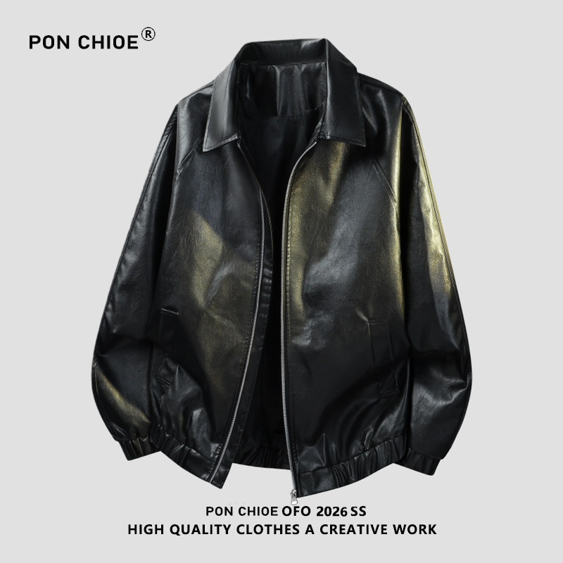 ponchioe复古皮衣男宽松韩版翻领机车服潮牌飞行员皮夹克外套潮