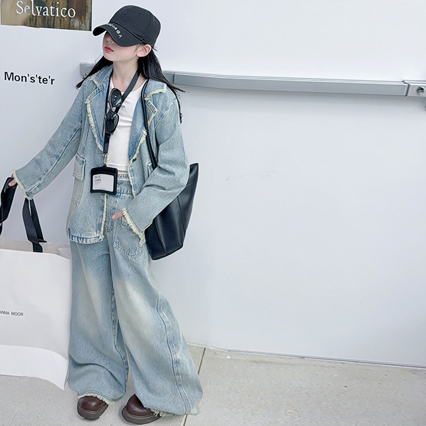 女童西服牛仔裤套装2026年春季新款中大童韩范毛边牛仔外套阔腿裤