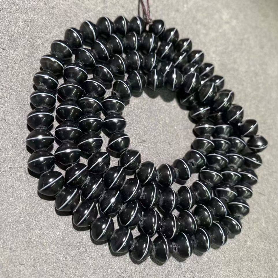 天珠 手串 高油 老料 黑白药师108佛珠8mm