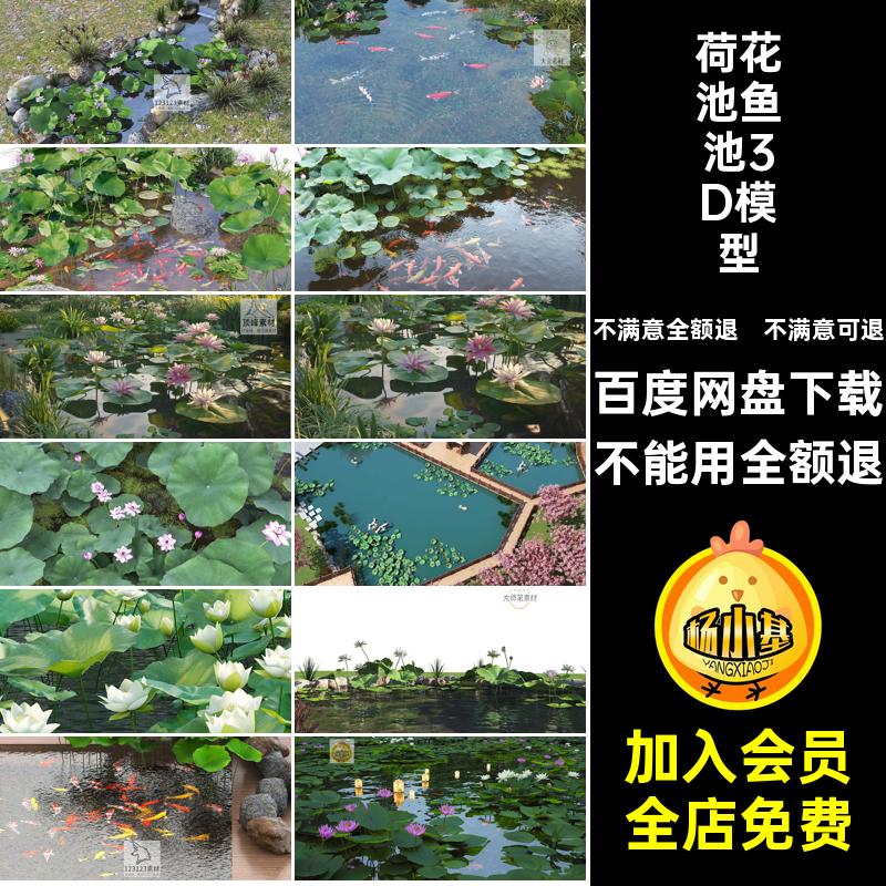 荷叶鱼池3D模型池塘荷花公园锦鲤滨水池庭院景观3dmax库庭院水