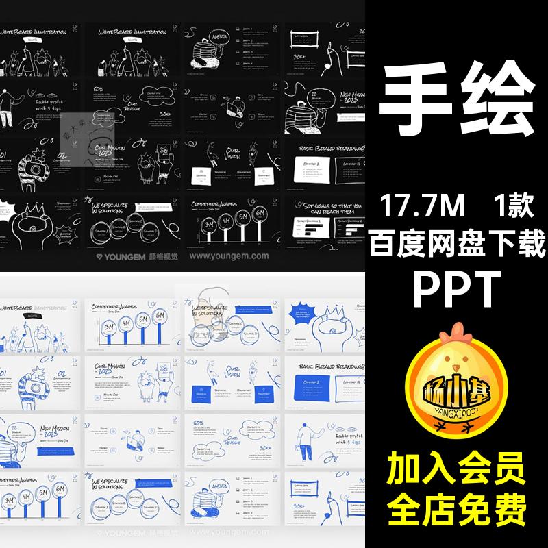 1款模板图表人物汇报页ppt手绘工作5线框文稿演示信息涂鸦PPT明暗