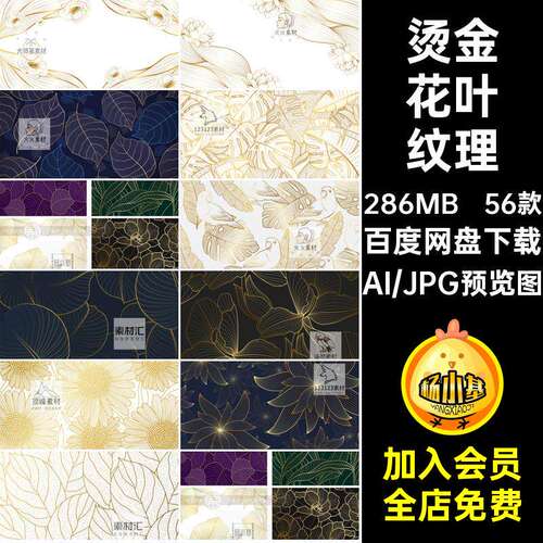 56款线条花叶纹理插画稿矢量花卉图AI金色植物烫金背景叶子稿
