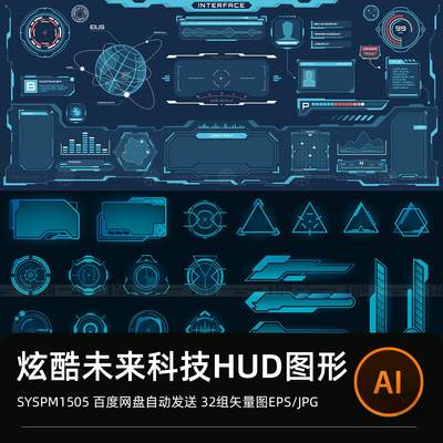 赛博朋克科技科幻未来网络游戏HUD边框弹窗模块UI设计AI矢量素材