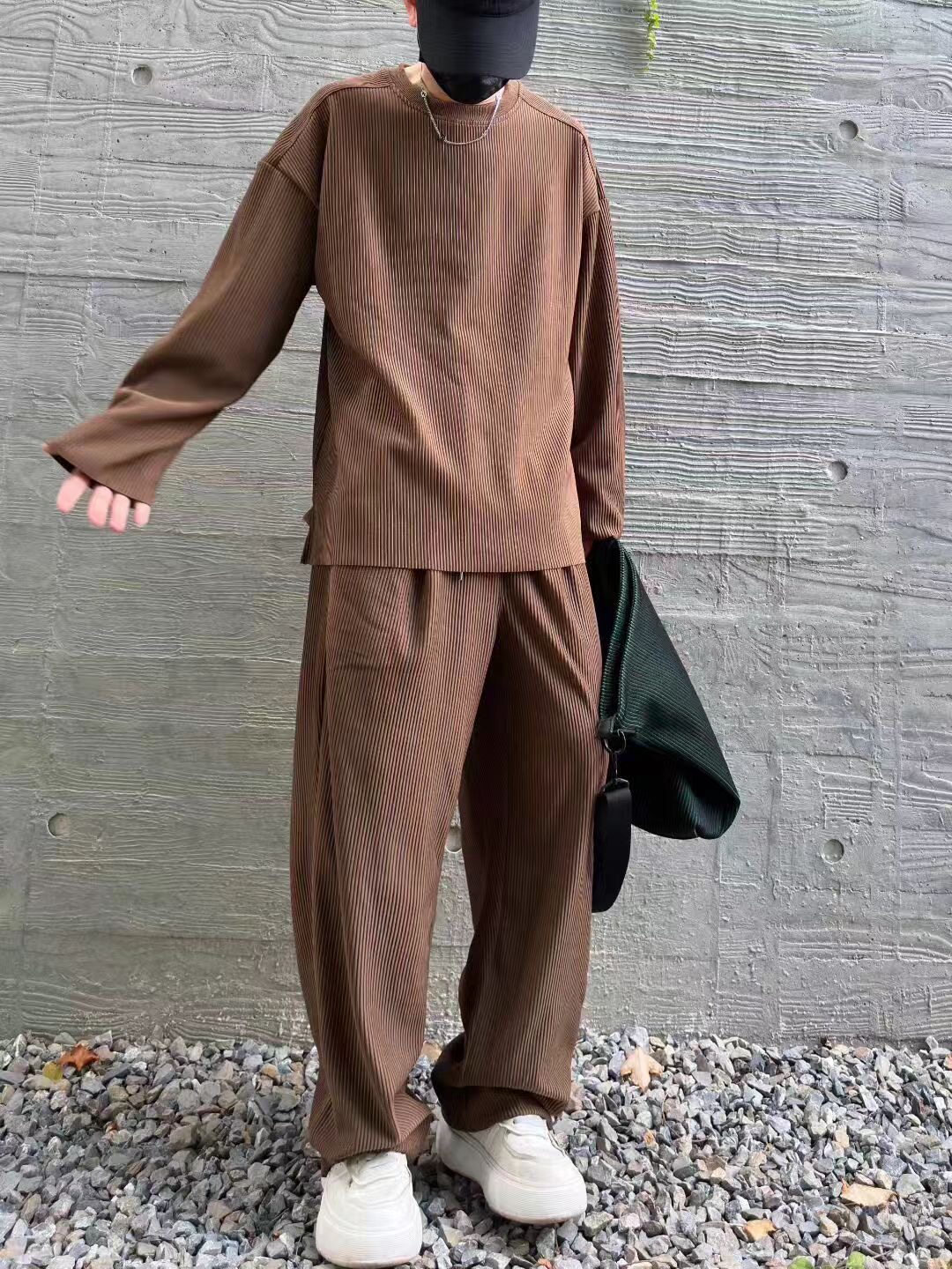 CPH春季新款男士休闲运动套装百搭皱褶冰丝长袖卫衣卫裤两件套