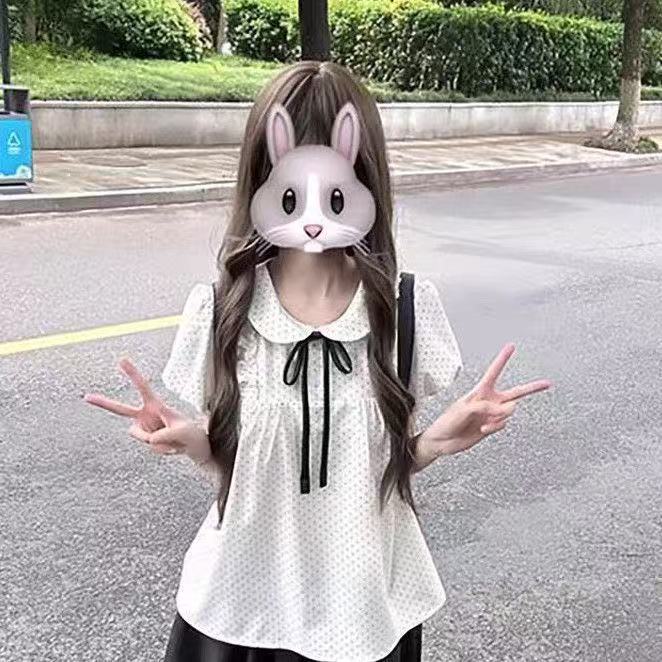 甜妹韩系学院风娃娃领波点衬衫女泡泡袖甜美可爱大码胖mm显瘦上衣图片