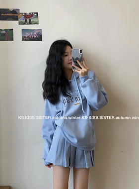 休闲运动加绒套装女2023秋冬新款韩版宽松字母印花连帽卫衣百褶裙