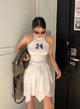 白色挂脖吊带背心女2025春夏新款时髦洋气百搭字母针织衫内搭上衣