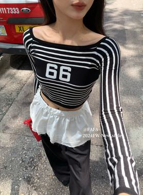 运动少女风条纹一字肩针织衫上衣女2024秋冬新款韩版修身打底毛衣