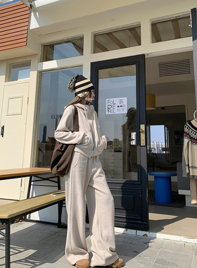 休闲运动加绒套装女2023秋冬新款连帽拉链卫衣外套阔腿裤两件套