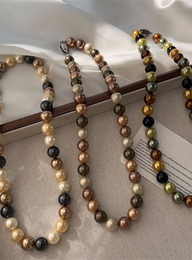媛优 秋冬复古深咖色可可糖美拉德施家珍珠混彩法式轻奢渐变项链