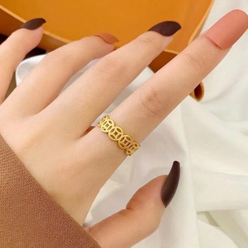 钛钢18K金色复古招财铜钱食指戒指女 时尚个性韩版网红指环配饰品