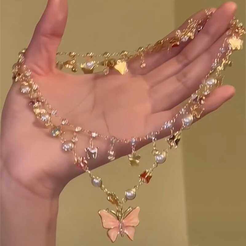 粉蝶兰芙公主项链 蝴蝶流苏双层锁骨链轻奢ins小众设计颈链可调节