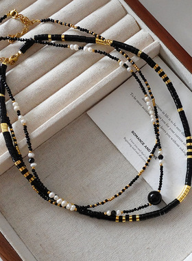 黑玛瑙珍珠项链18K镀金高级感颈链2023简约文艺复古天然石锁骨链