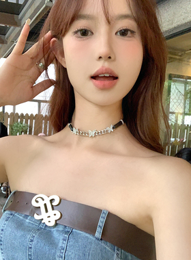 y2k项链女蝴蝶choker拼接颈链pu皮项圈甜酷锁骨链小众高级感配饰