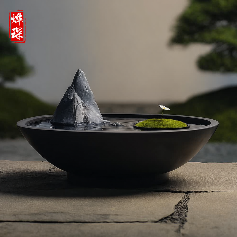 天然黑山石石雕水钵加工流水石钵枯山水造景石庭院流水摆件喷泉