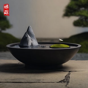 天然黑山石石雕水钵加工流水石钵枯山水造景石庭院流水摆件喷泉