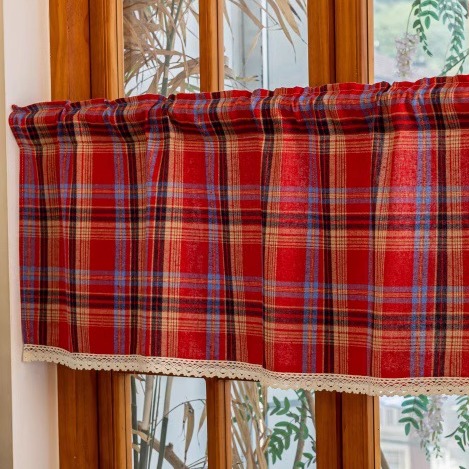 节日喜庆格子半帘短帘窗帘