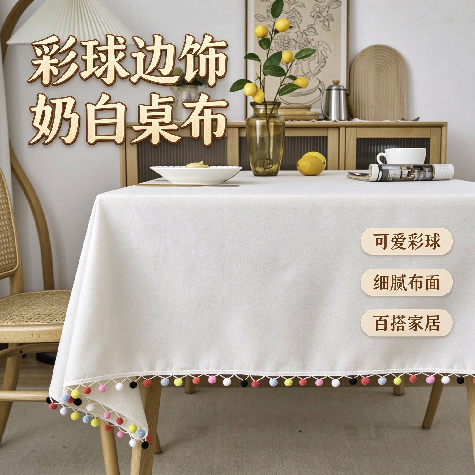 奶白彩球桌布长方形餐桌茶几布