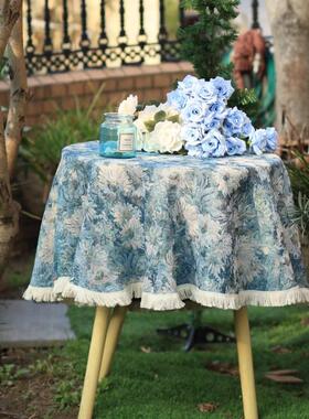 法式复古莫奈油画风蓝色轻奢花卉盖布早餐圆桌方桌餐桌茶几床头柜