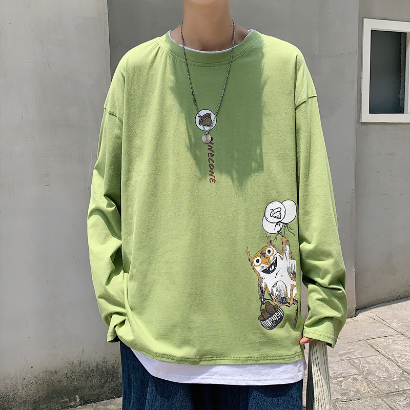 100%纯棉主推早秋百搭假两件长袖T恤港风宽松男卫衣W907P35,男装T恤,电商B220