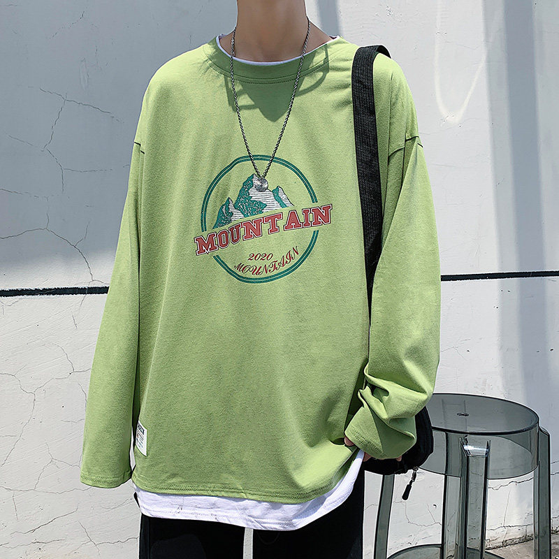 主推！早秋百搭假两件长袖T恤男纯棉港风宽松男卫衣W901P35,男装T恤,电商B220