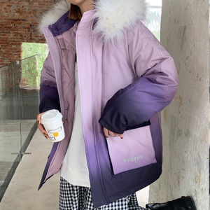 ！冬季潮牌渐变中长款棉衣男女情侣加厚保暖棉服外套Y333P138图片