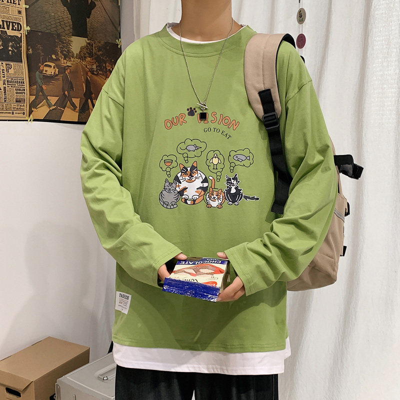 ！早秋百搭假两件长袖T恤男纯棉港风宽松潮牌男卫衣W902P35,男装T恤,电商B220
