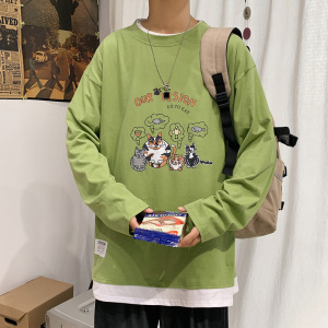 ！ 早秋百搭假两件长袖T恤男纯棉港风宽松潮牌男卫衣W902P35图片