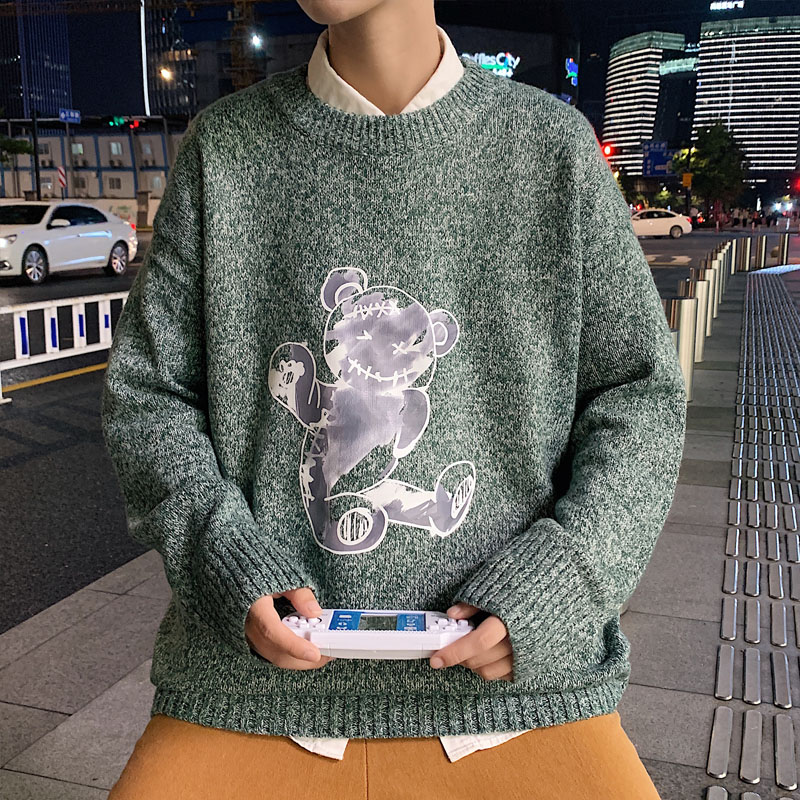 ！秋冬潮流印花加厚圆领毛衣男港风大码潮流针织衫M212P45图片