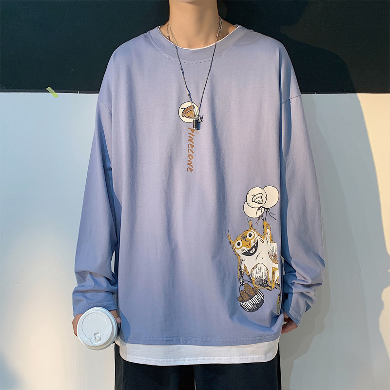 100%纯棉主推早秋百搭假两件长袖T恤港风宽松男卫衣W907P35,男装T恤,电商B220