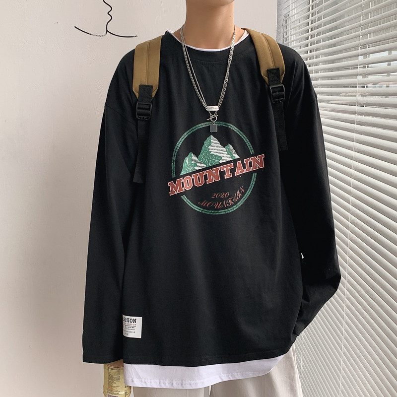 主推！秋季百搭假两件长袖T恤男纯棉港风宽松ins卫衣W901P35,男装T恤,电商B220
