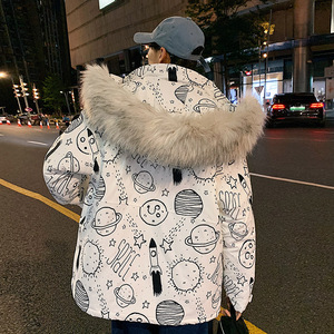 ！冬季大毛领中长款印花棉衣男潮牌加厚棉服保暖外套Y555P128图片