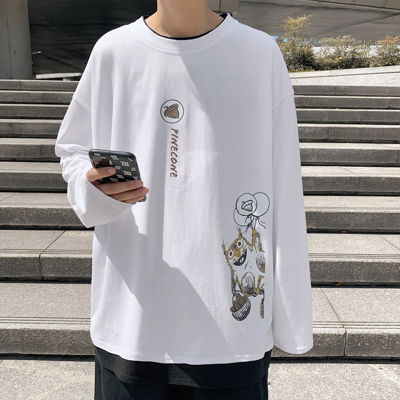 100%纯棉主推早秋百搭假两件长袖T恤港风宽松男卫衣W907P35,男装T恤,电商B220