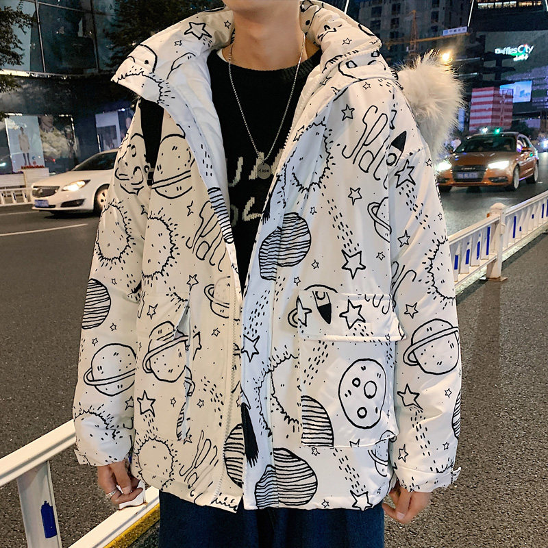 ！冬季大毛领中长款印花棉衣男潮牌加厚棉服保暖外套Y555P128,男装棉衣,电商B220