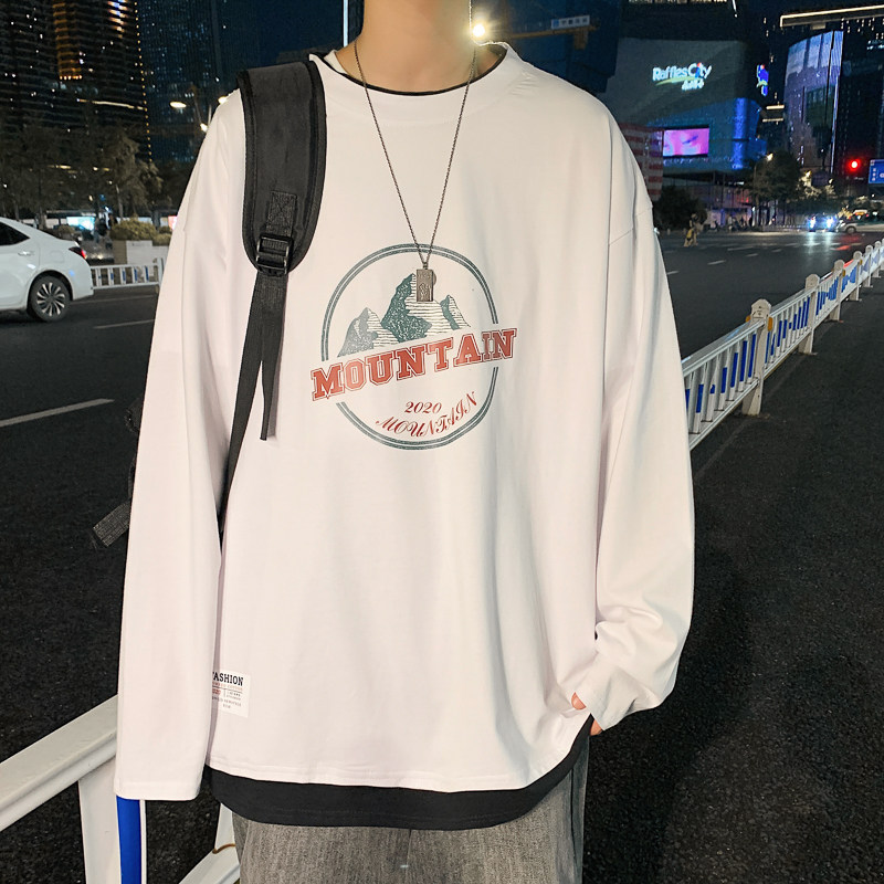主推！秋季百搭假两件长袖T恤男纯棉港风宽松ins卫衣W901P35,男装T恤,电商B220
