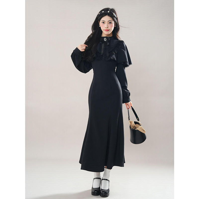 法式赫本风黑色斗篷连衣裙女春季2025新款高级感收腰包臀鱼尾长裙,女装/女士精品,连衣裙,淘宝优惠券,粉丝福利购,淘宝优惠卷