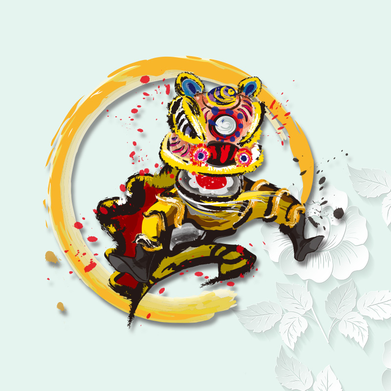 国潮喷墨中国风手绘舞狮图案热转印烫画贴卫衣贴画刻水洗柯式烫画