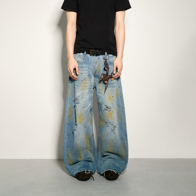YORAINBOW夏季锈迹水洗破洞阔腿高街vibe风脏洗破洞阔腿牛仔裤男