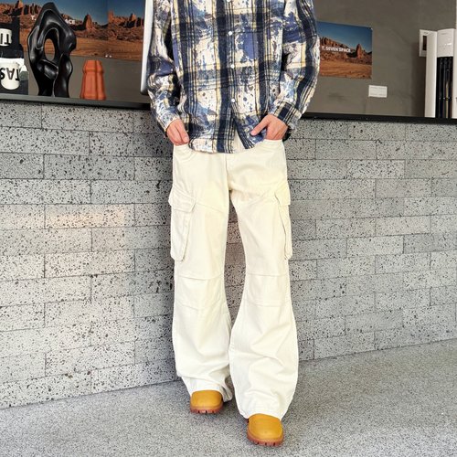 YORAINBOW 米白多口袋cleanfit工装裤男生宽松阔腿牛仔裤情侣潮牌
