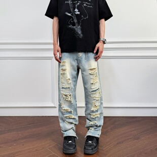 无弹高街百搭宽松 男潮显瘦修身 YORAINBOW 春夏水洗做旧破洞牛仔裤