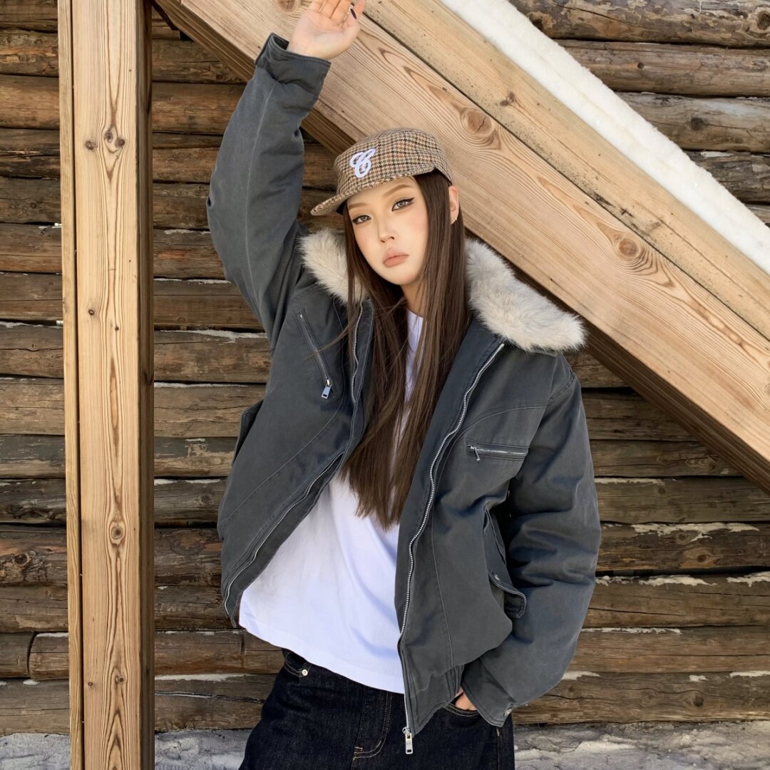 YORAINBOW 冬季水洗仿牛仔毛领棉服保暖百搭加绒加厚外套美式情侣