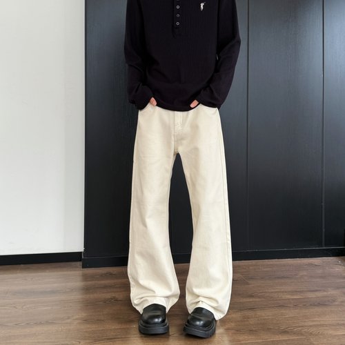 YORAINBOW 秋冬新品cleanfit微喇基础宽松休闲米白牛仔长裤男女款