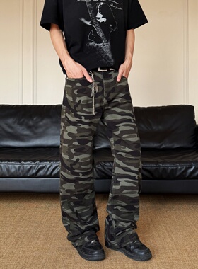 YORAINBOW 秋季迷彩工装美式复古直筒阔腿休闲牛仔裤男慵懒松弛感