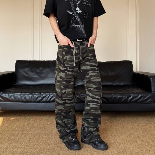 YORAINBOW 秋季迷彩工装美式复古直筒阔腿休闲牛仔裤男慵懒松弛感