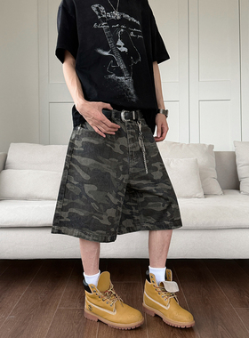 YORAINBOW 深色迷彩五分牛仔短裤直筒中腰宽松男休闲百搭美式街头