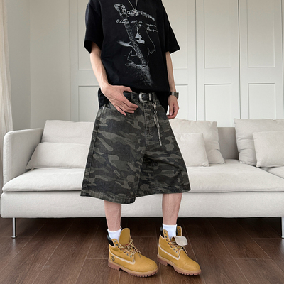 迷彩五分牛仔短裤中腰宽松