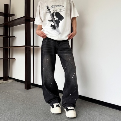 YORAINBOW 新品秋冬直筒涂鸦基础牛仔裤街头酷飒男女宽松牛仔裤